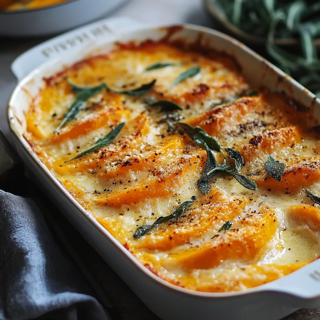 Butternut squash topped with parmesan in a white dish.