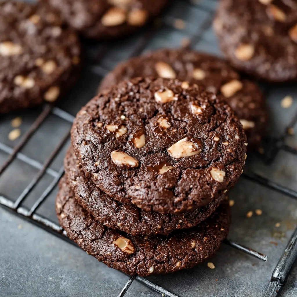 A stack of chocolate cookies with nuts.