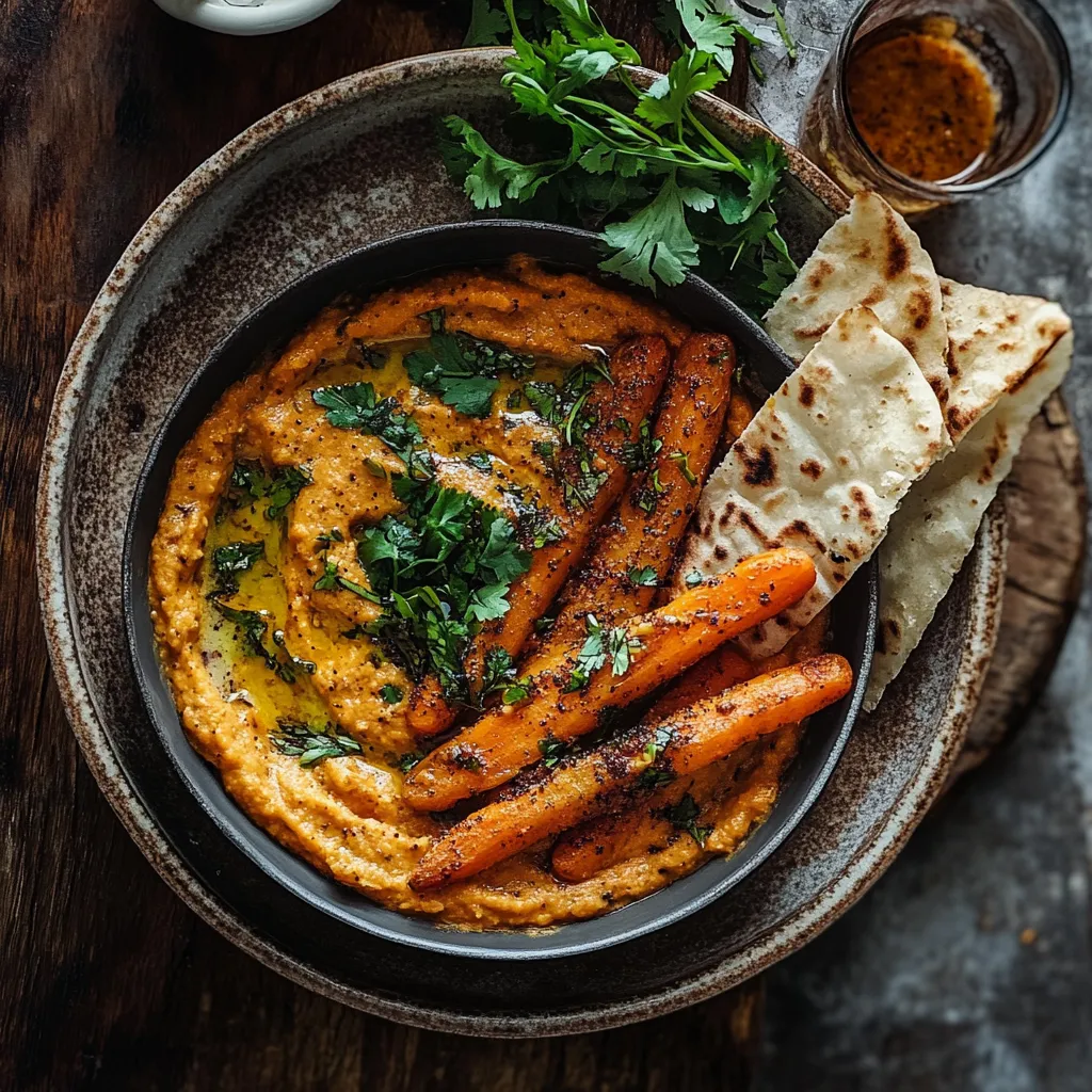 Carrots with creamy dip in a bowl, plus a spoon for serving.