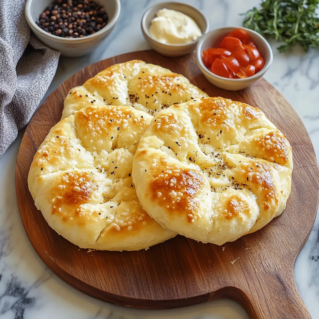 Two golden flatbreads sprinkled with seeds on a wooden board.