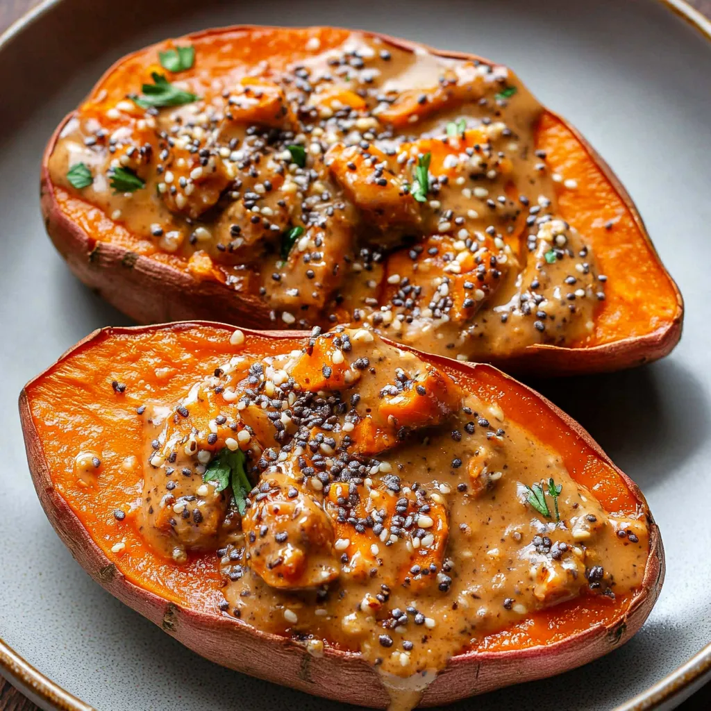 Sweet potatoes cut in half and topped with saucy golden glaze.