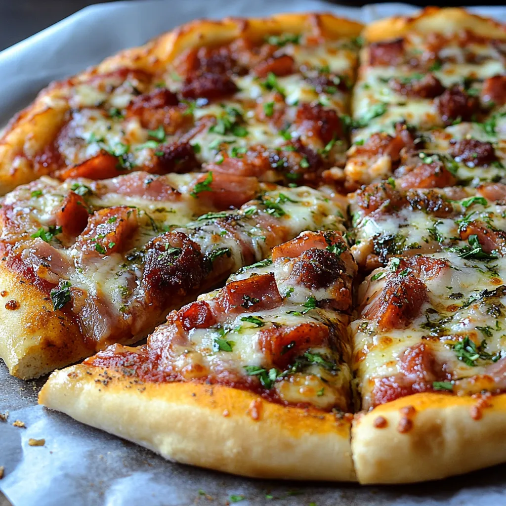 Cheesy pizza topped with meat, served on a baking tray.