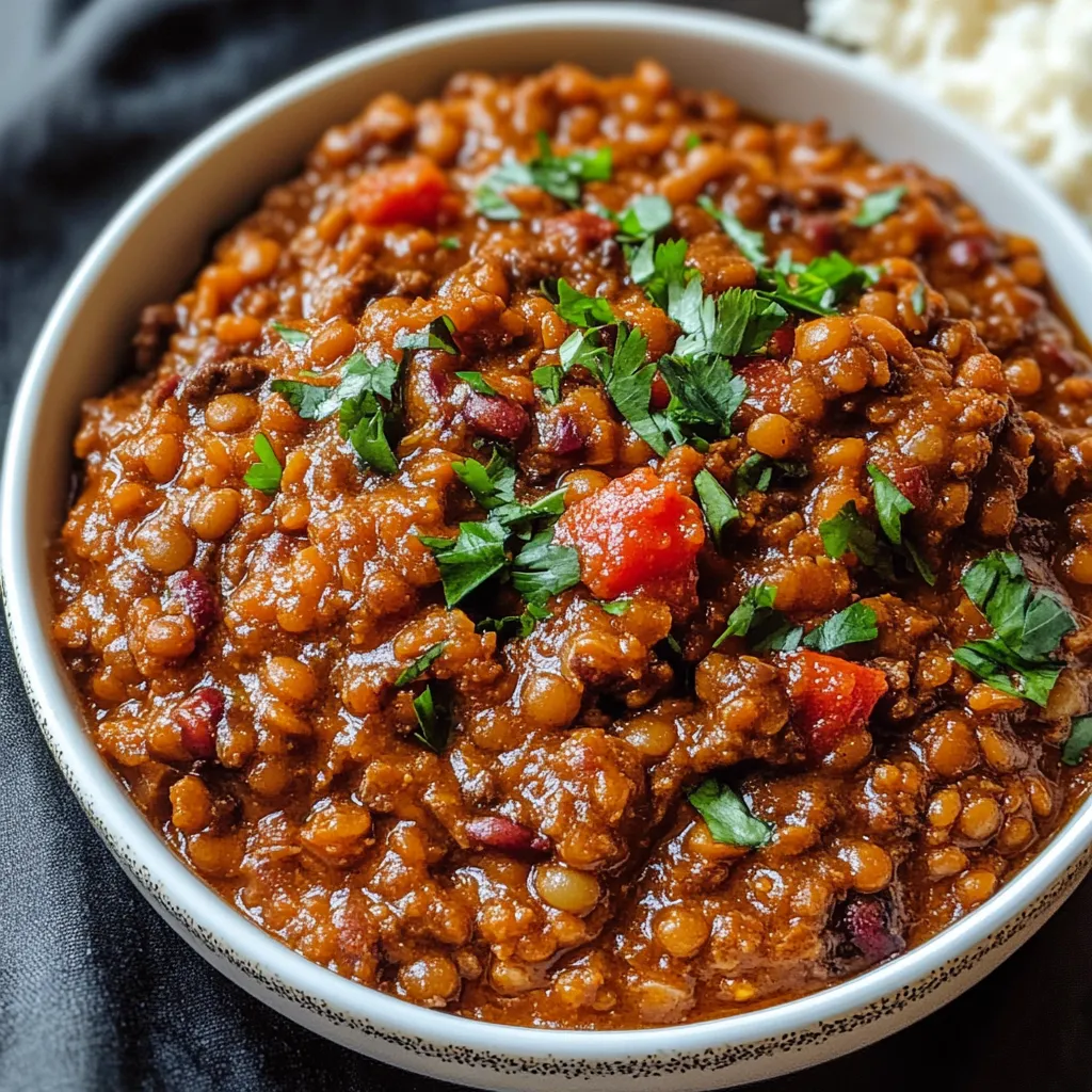 A bowl of chili topped with tomatoes and fresh herbs.