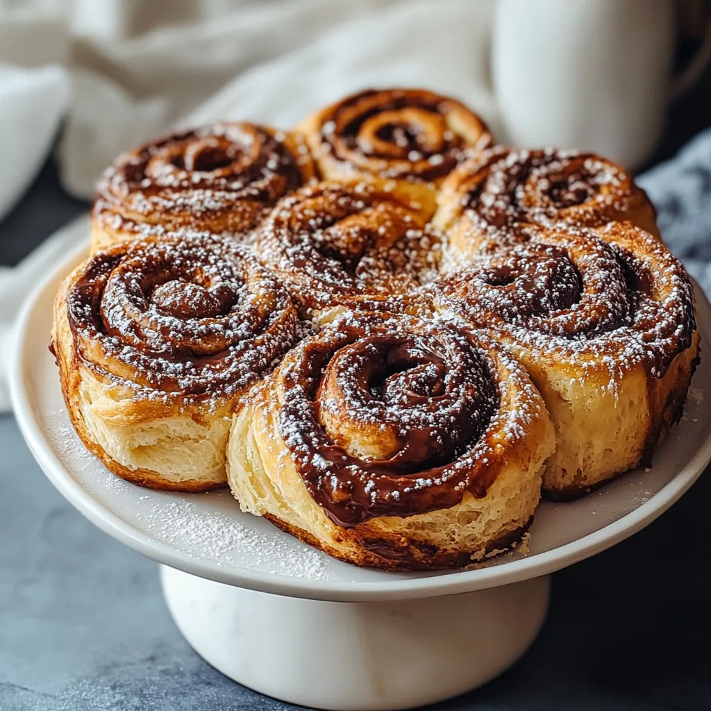 A plate stacked with chocolate-strip pastries dusted with powdered sugar.