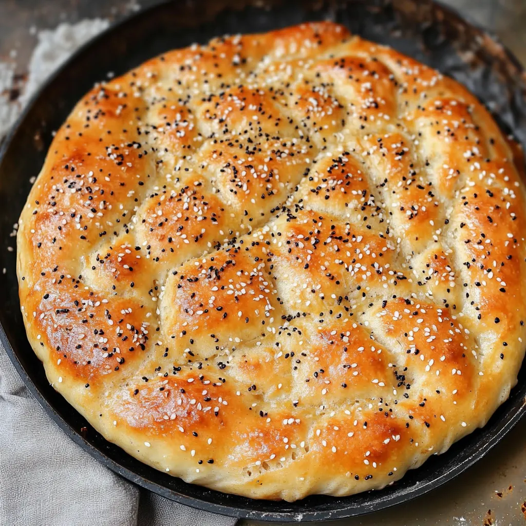 Fresh pide sprinkled with seeds in a pan.