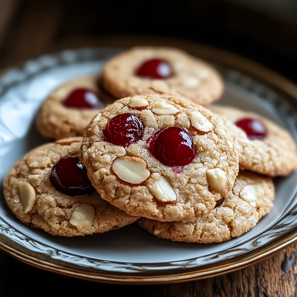 A plate stacked with cookies and bright red cherry topping.