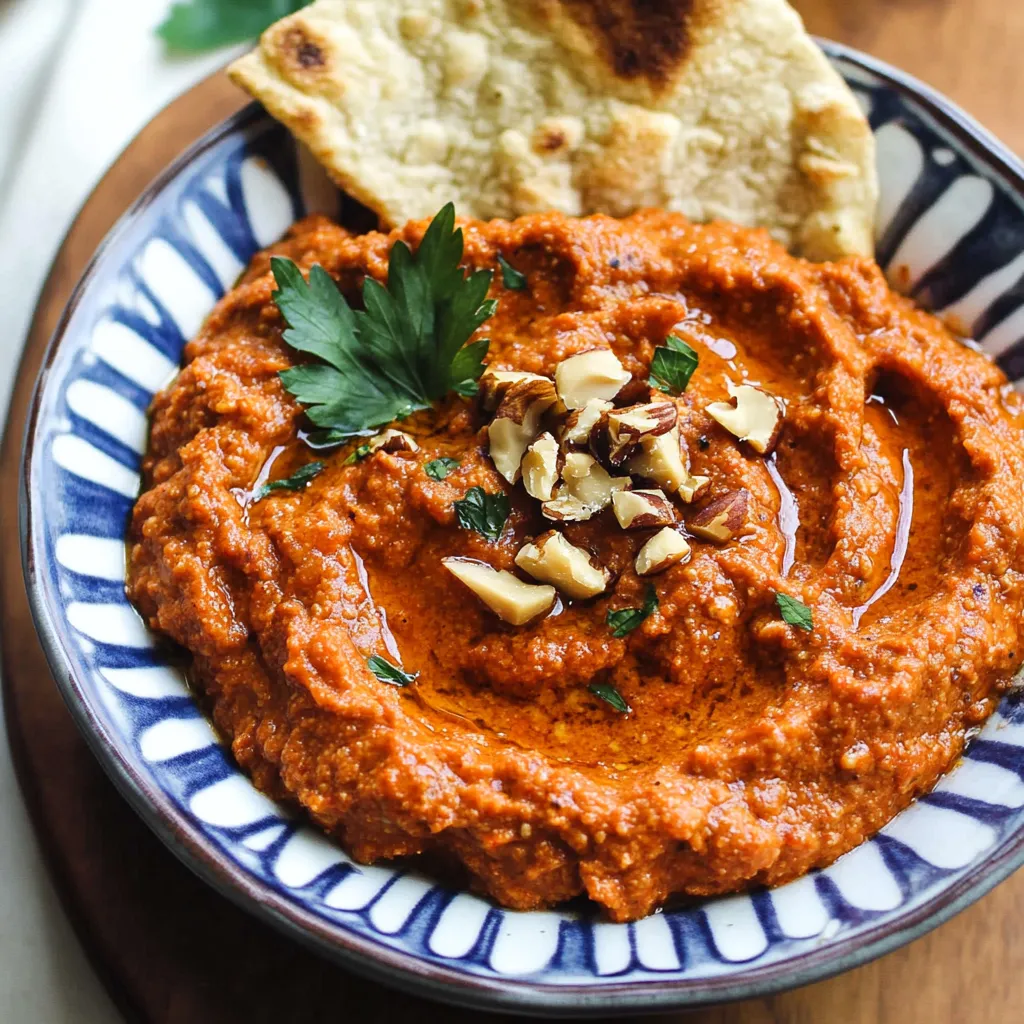 A bowl filled with bright red spread topped with nuts.