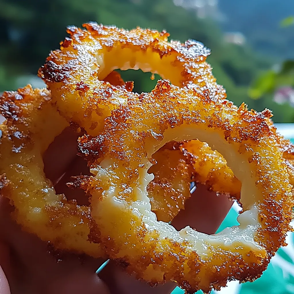 Someone holding up a fried onion ring.