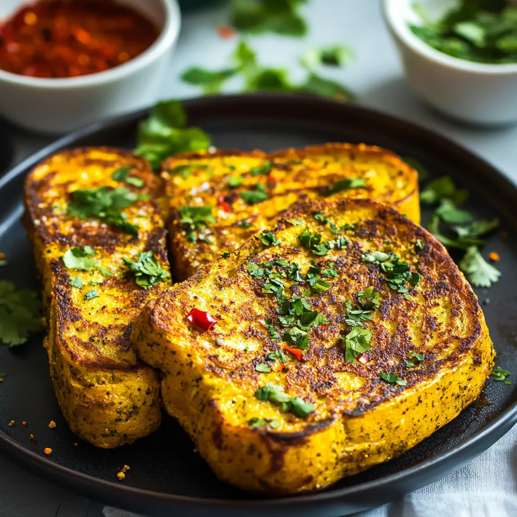 Toasted bread with golden spices and a dipping sauce.