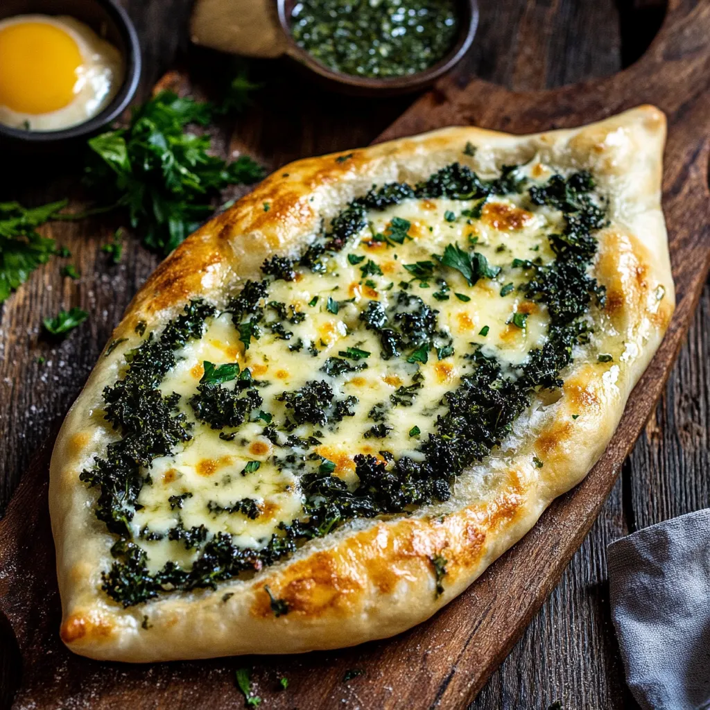 Cheesy bread with spinach and kale sitting on a wood board.