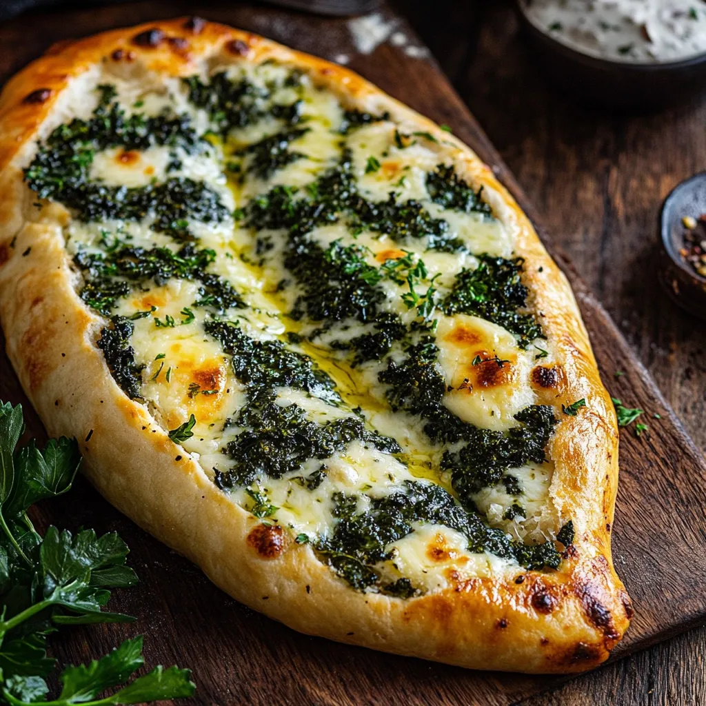 A pizza loaded with cheese and spinach.