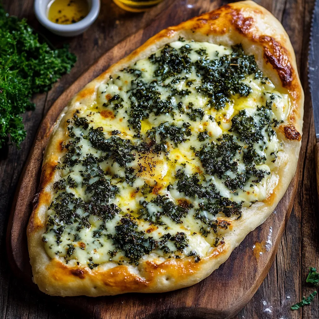 A cheesy spinach pizza on a wooden serving board.