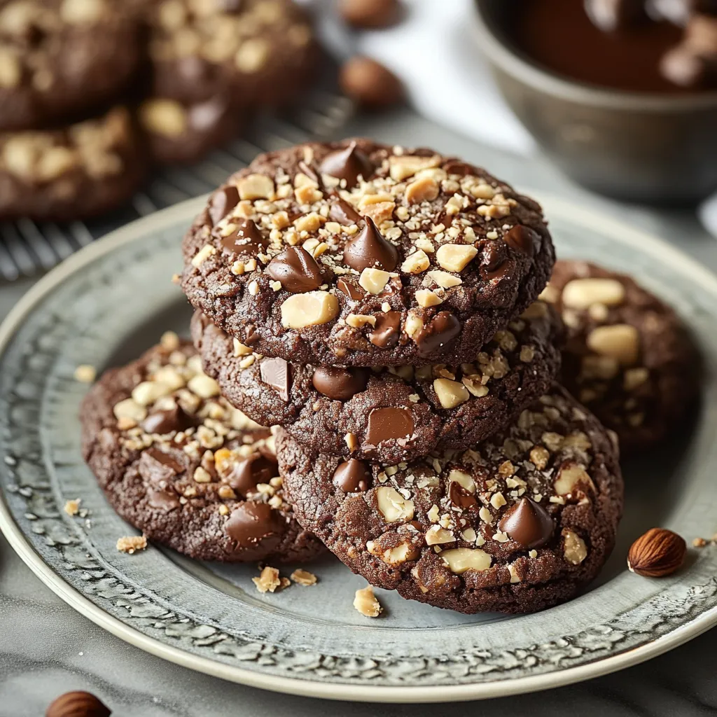 Plate of chocolate cookies with chocolate sauce in a bowl.
