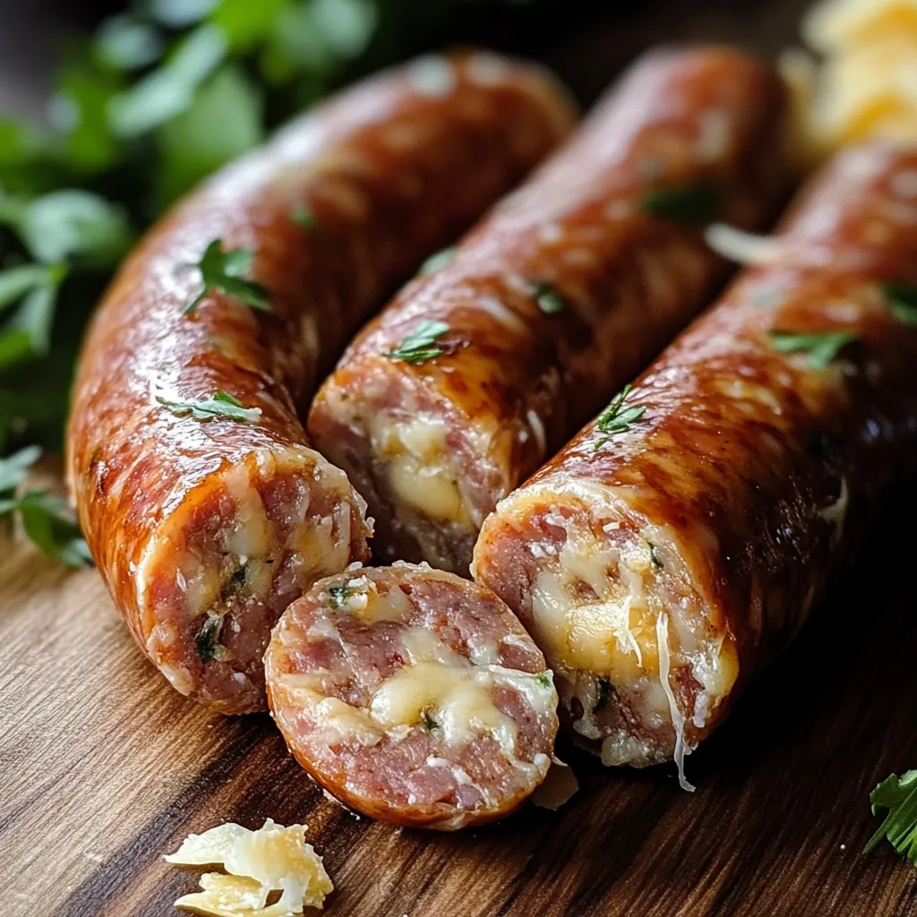 Three cheesy sausages on a wooden table.