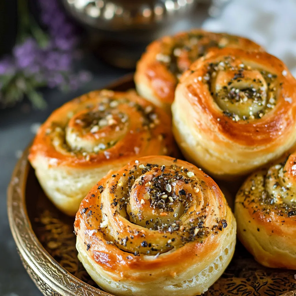 Three bread spirals sprinkled with sesame seeds.