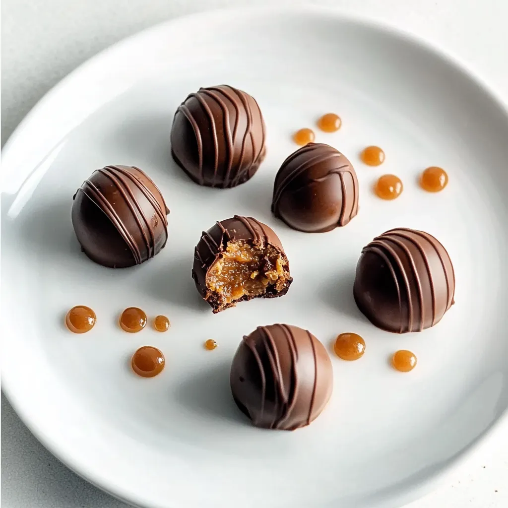 Chocolate balls topped with caramel sauce on a plate.