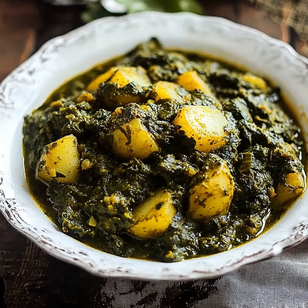 A bowl with chunky potatoes and bright green soup.