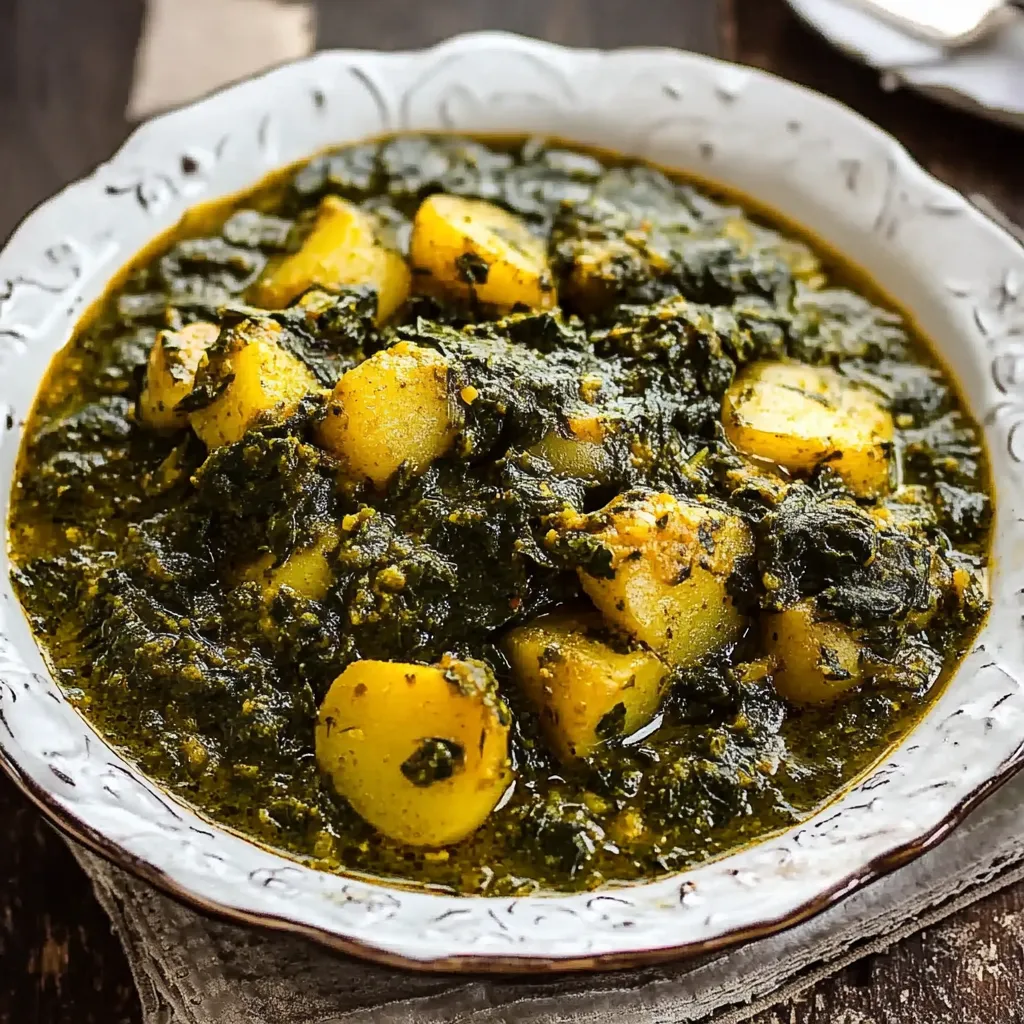 A comforting bowl filled with greens and potatoes.