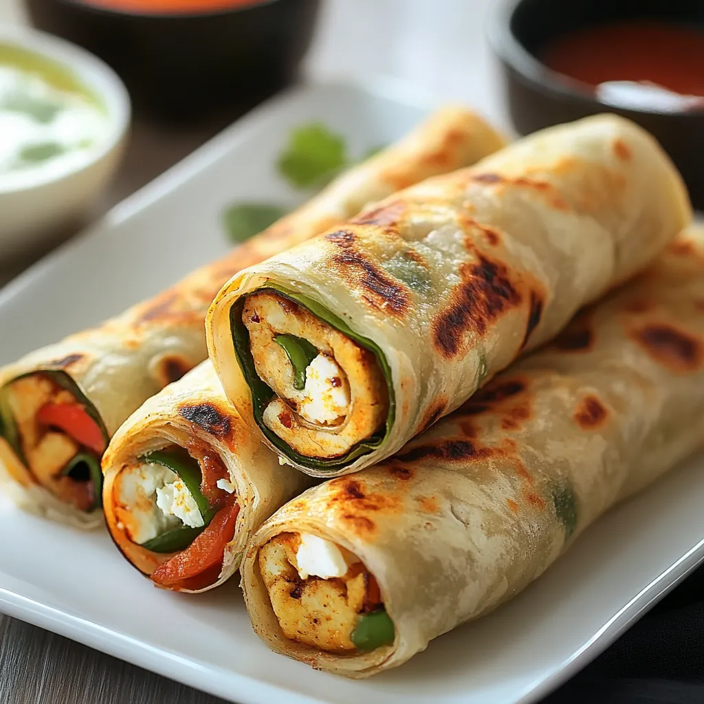 A dish of stuffed wraps with sauce on the side.