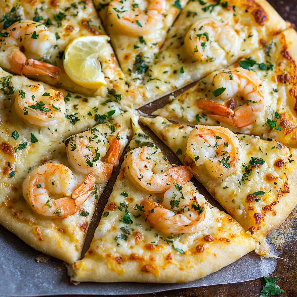 Pizza slice with shrimp and a wedge of lemon.