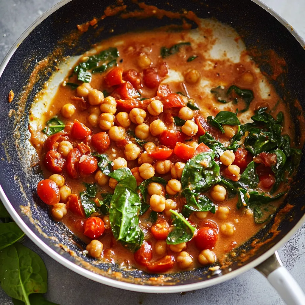 Pan full of stewed tomatoes and spinach.