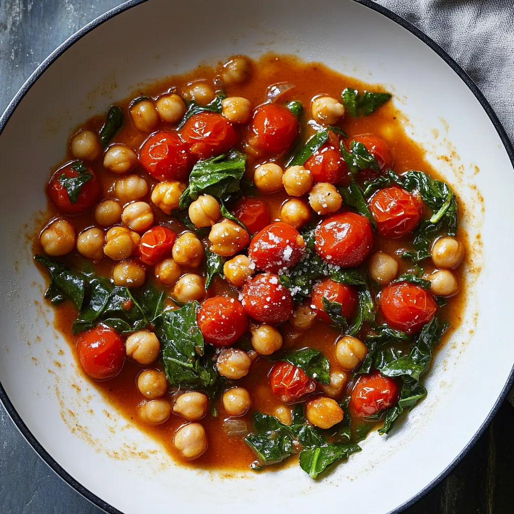 A bowl packed with chickpeas, tomatoes, and greens.