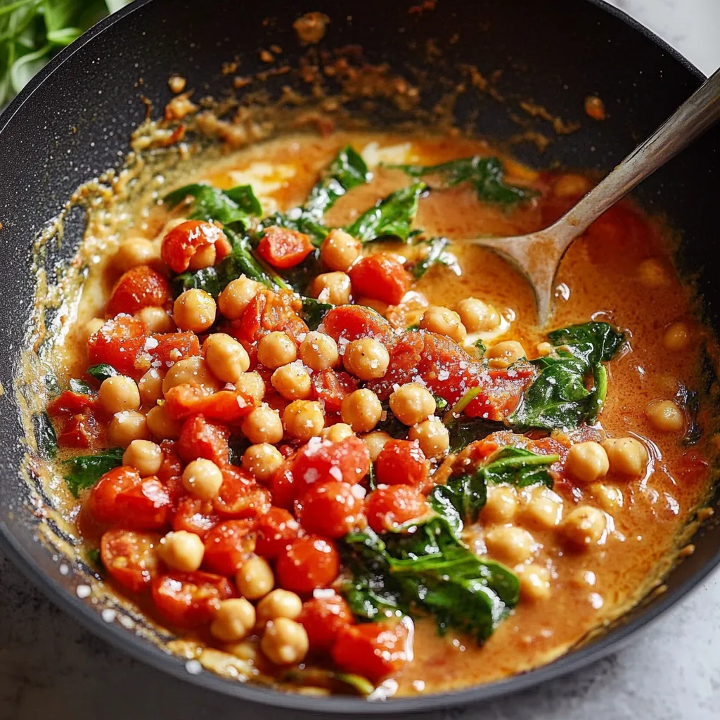 A bowl with chunky chickpeas, leafy greens, and bright tomatoes.
