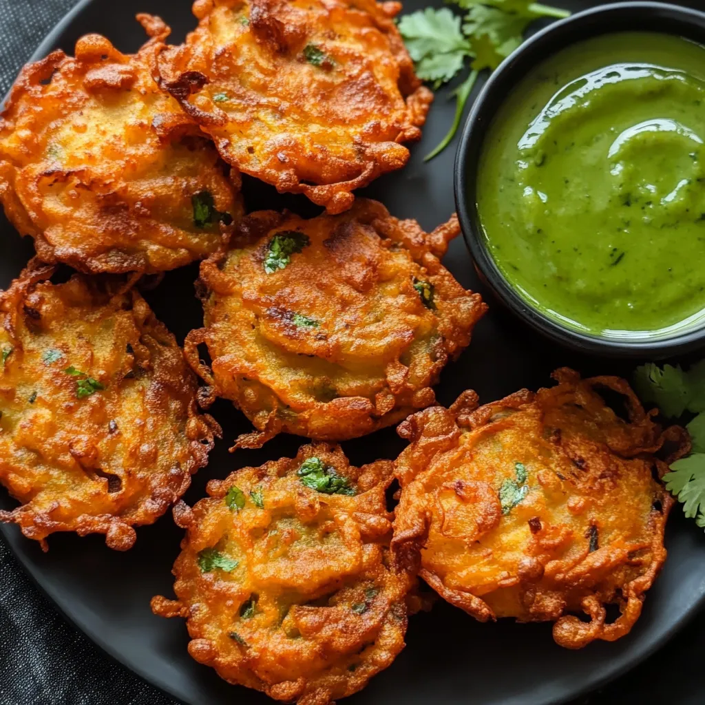 Plate of golden onion fritters with a fresh green dipping sauce.