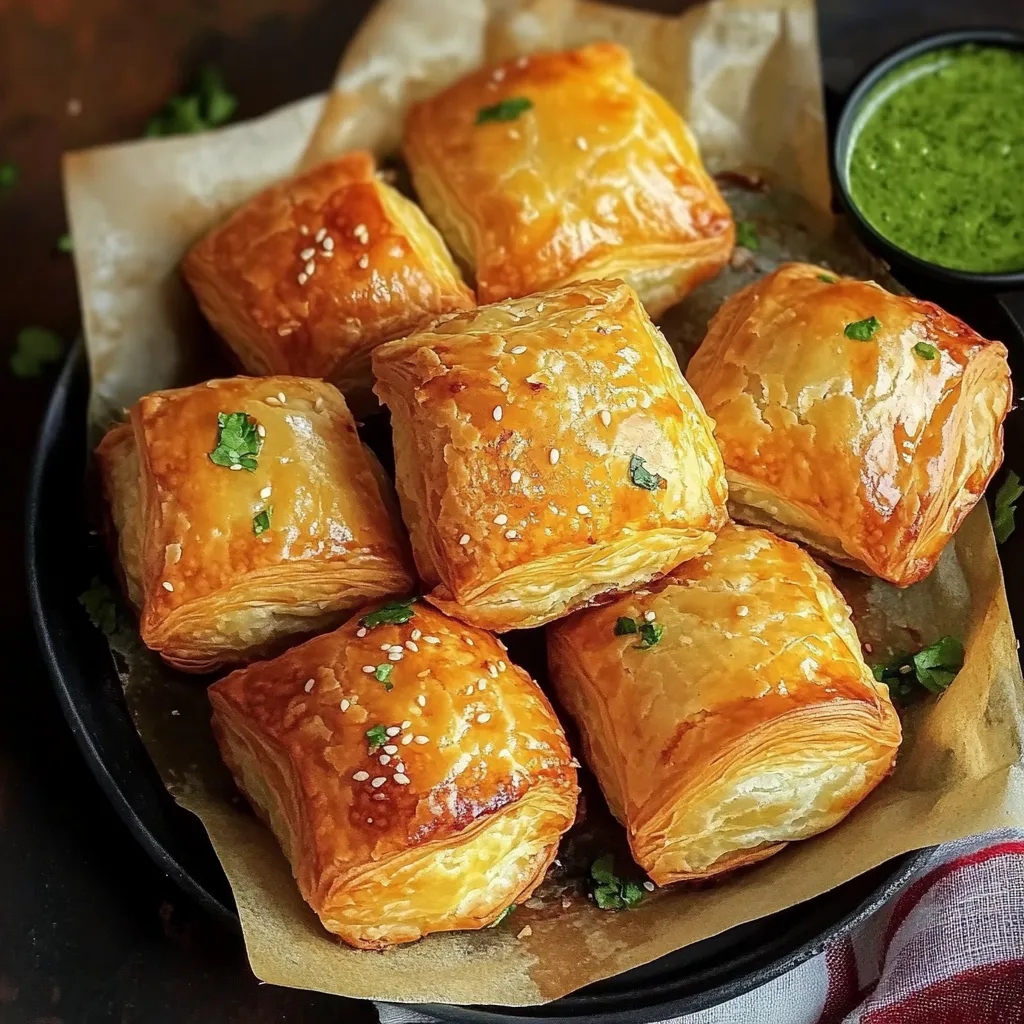 A plate stacked with crispy snacks and green herbs.