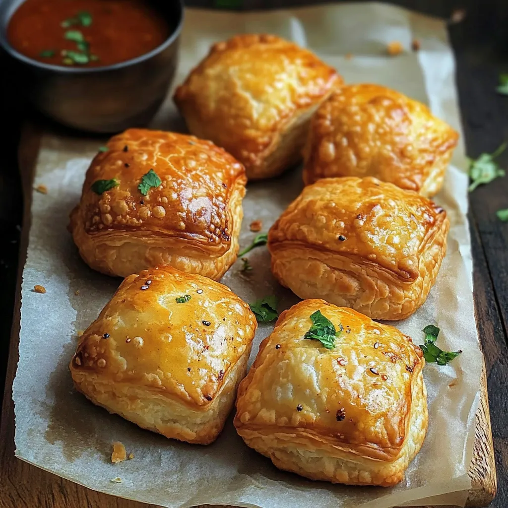 Golden pastries tray with a side of dipping sauce.