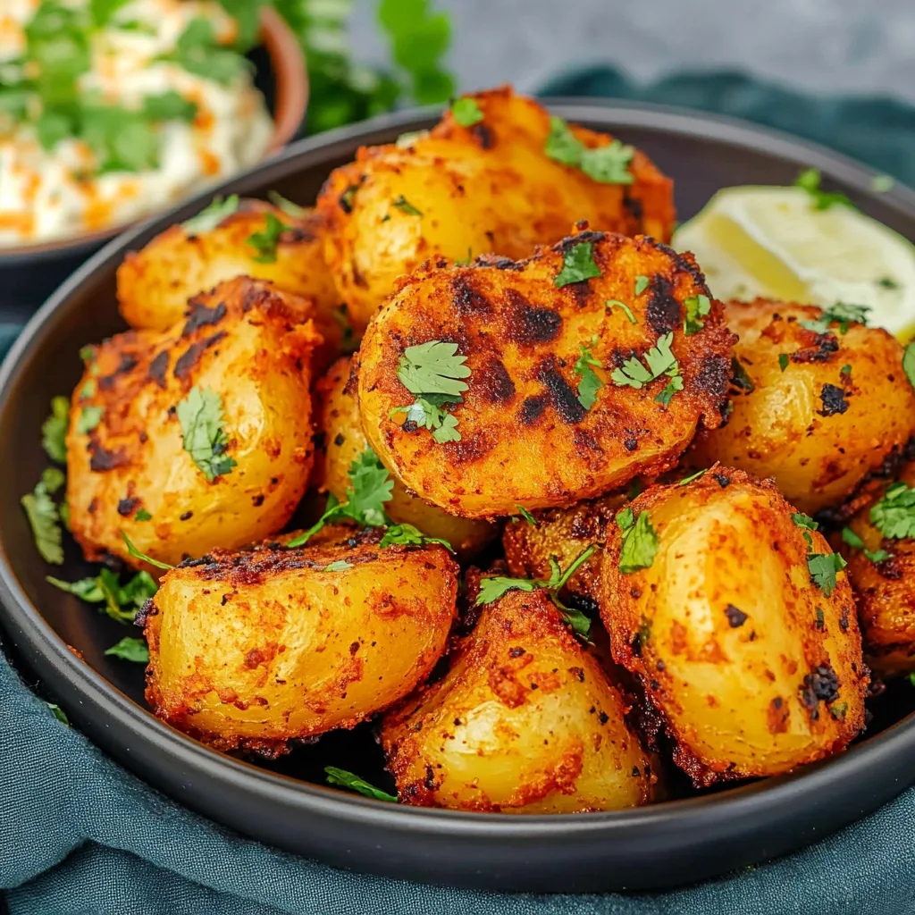 A bowl filled with potatoes and a slice of lemon.