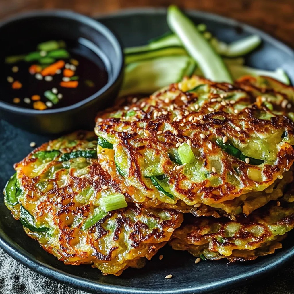Crispy veggie pancakes with a bowl of tangy sauce.
