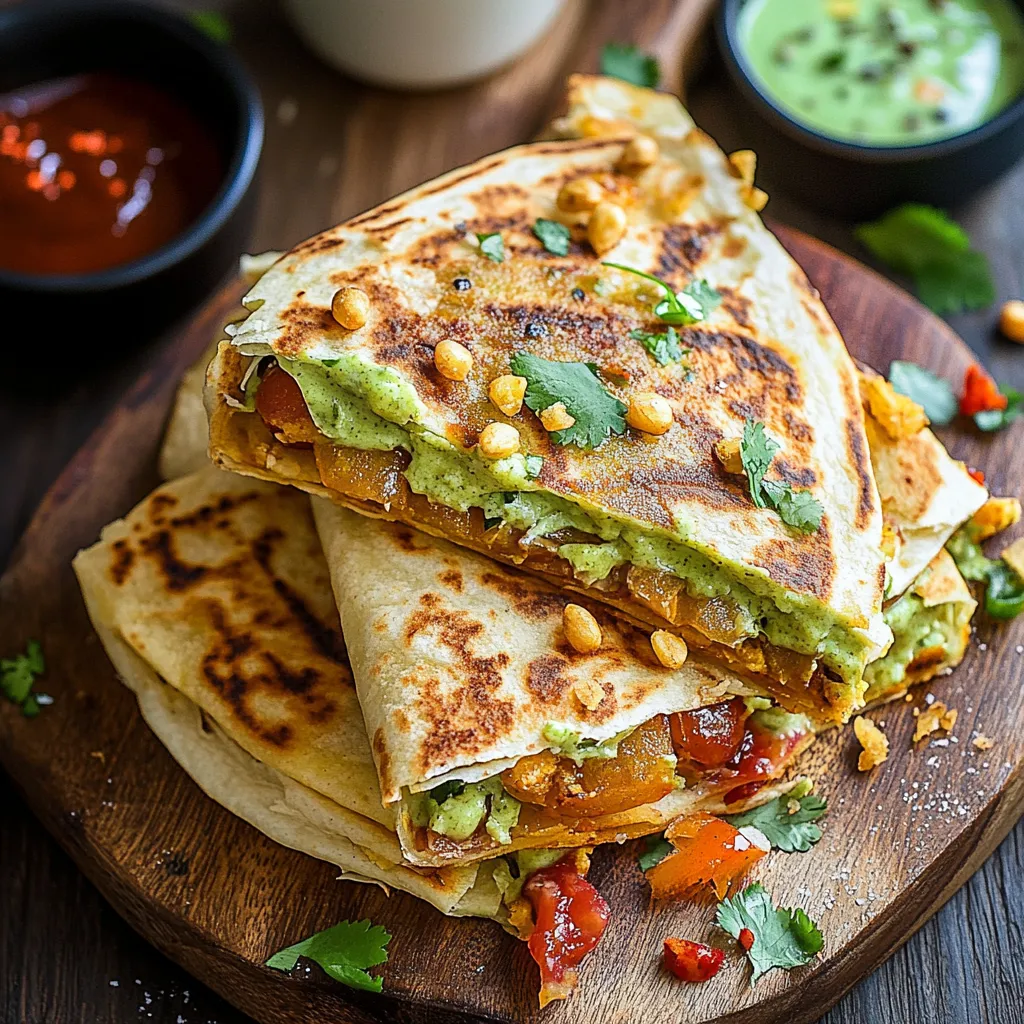 A tortilla wrap stuffed with veggies and peanuts on a wooden board.