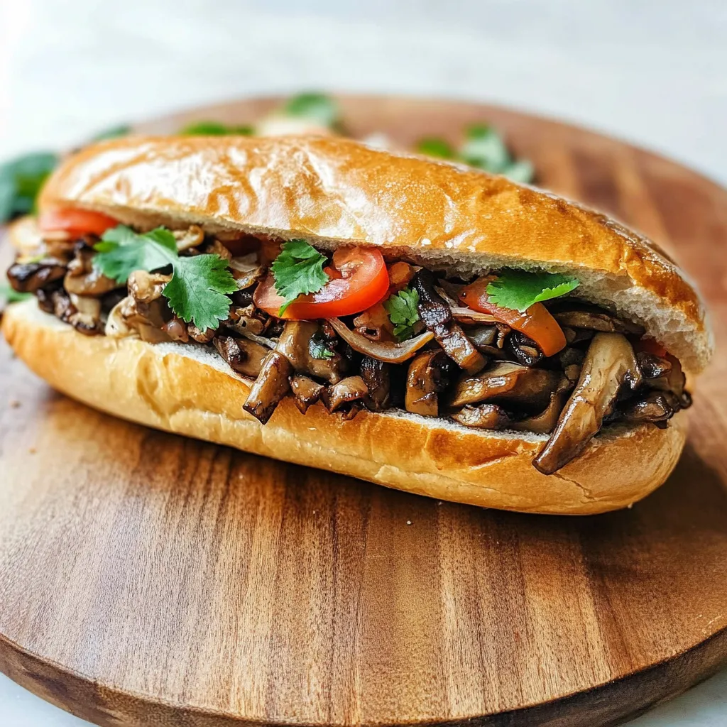 A sandwich filled with mushrooms, bright veggies, and crisp lettuce.