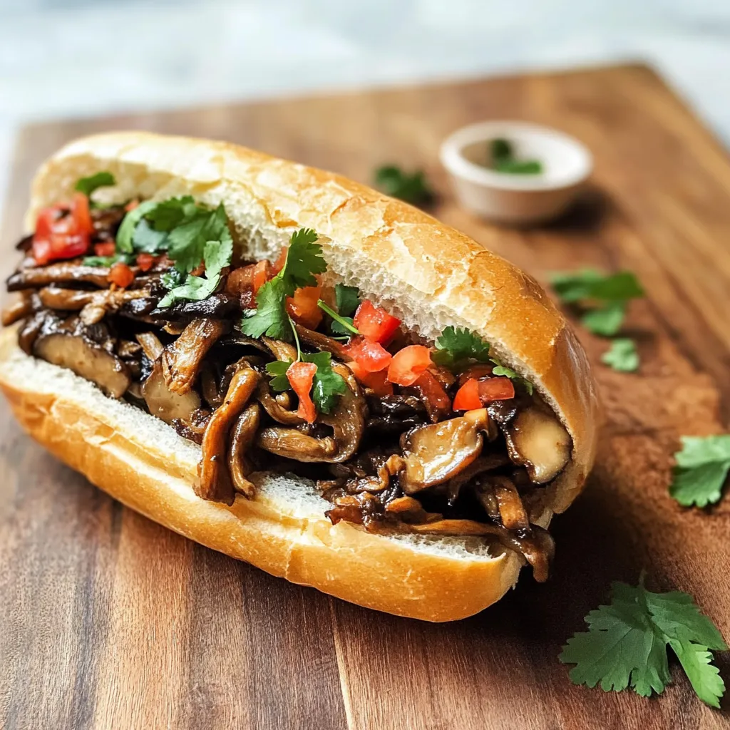 A sandwich with mushrooms and tomatoes on a wooden table.