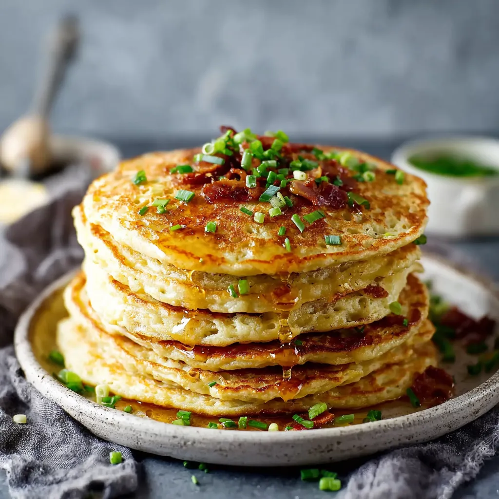 A stack of pancakes with bacon on top.