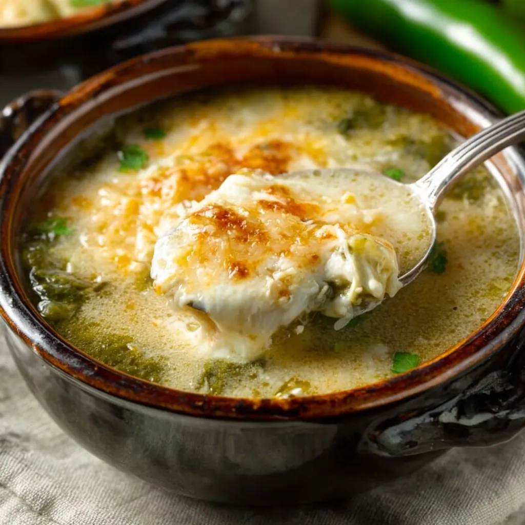 A bowl of soup with a spoon in it.