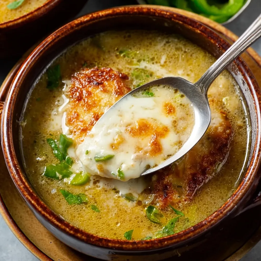 A spoon is in a bowl of soup.