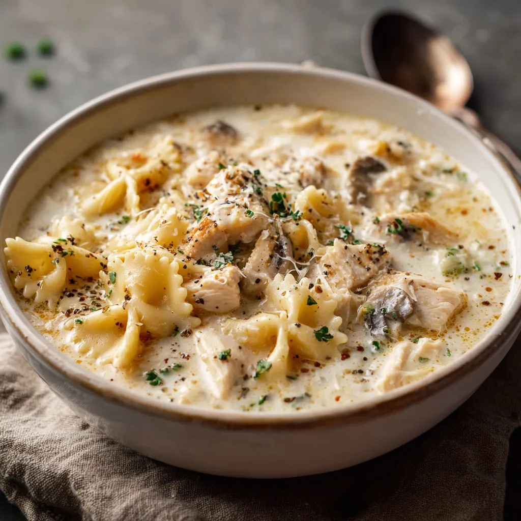 A bowl of pasta with chicken and mushrooms.