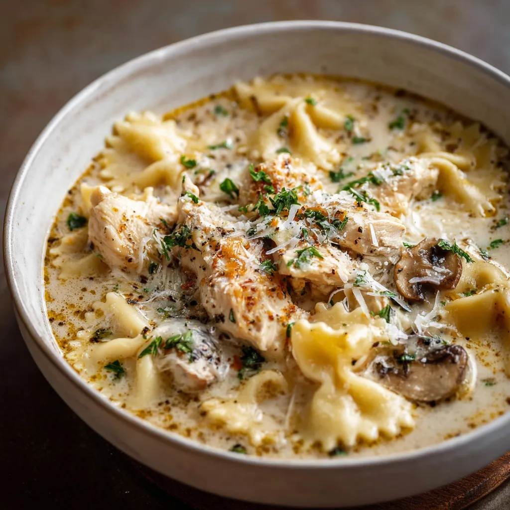 A bowl of pasta with chicken and mushrooms.