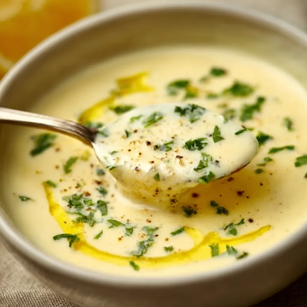 A spoonful of soup with herbs in it.