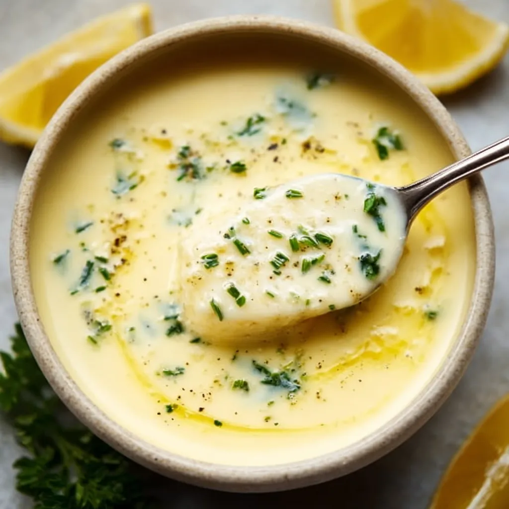 A bowl of soup with a spoon in it.
