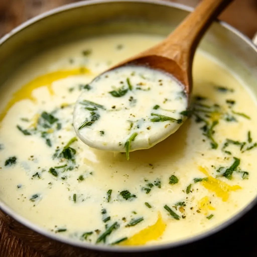 A wooden spoon in a bowl of soup.