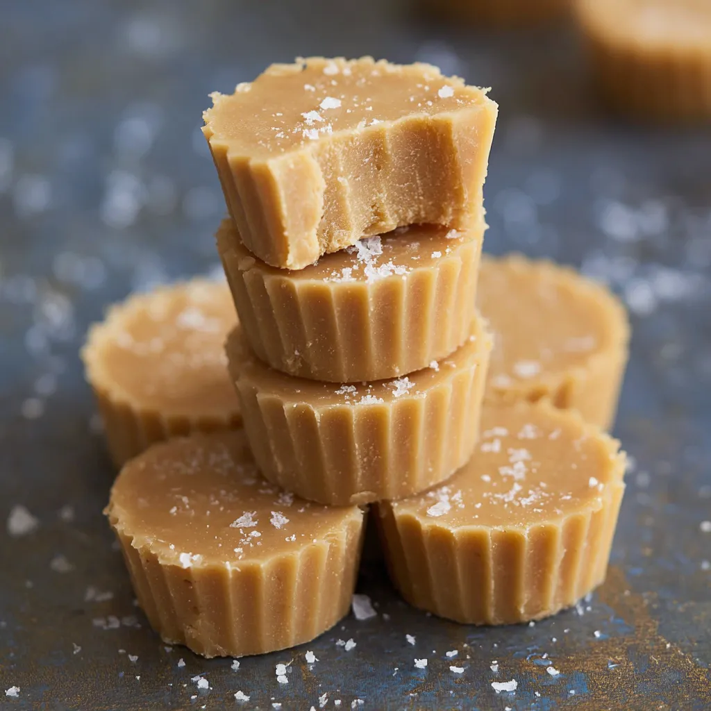 A stack of brown candies with white powder on top.