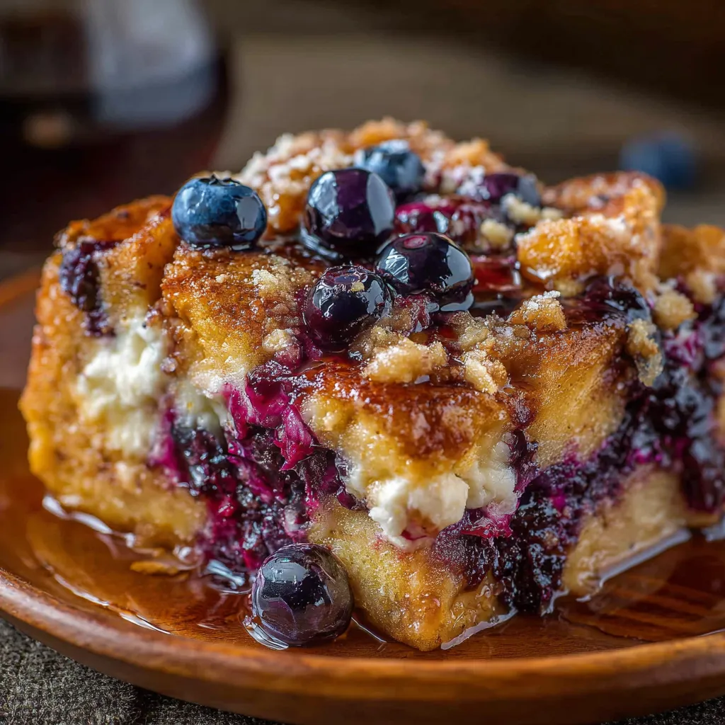 A slice of cake with blueberries on top.