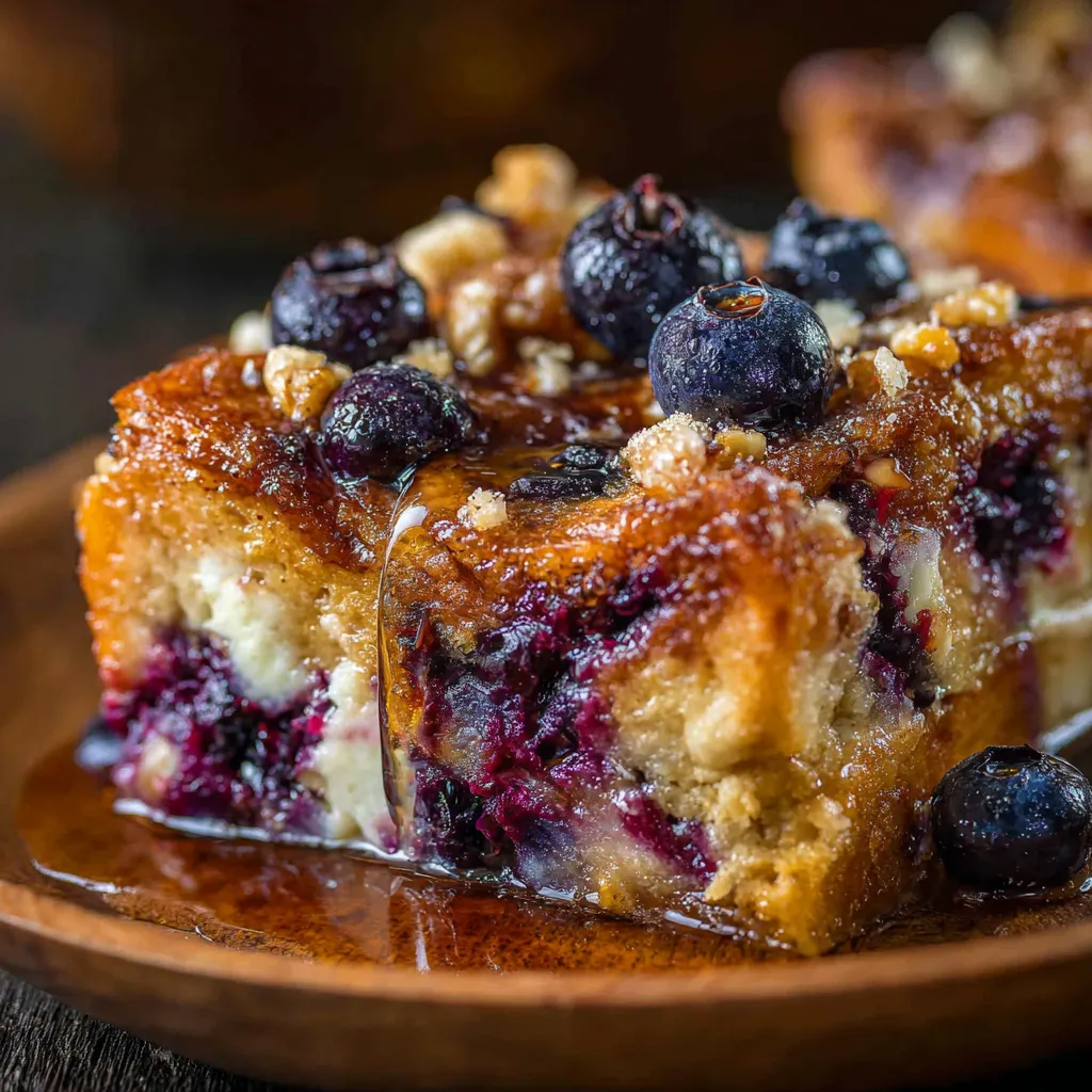 A slice of cake with blueberries on top.