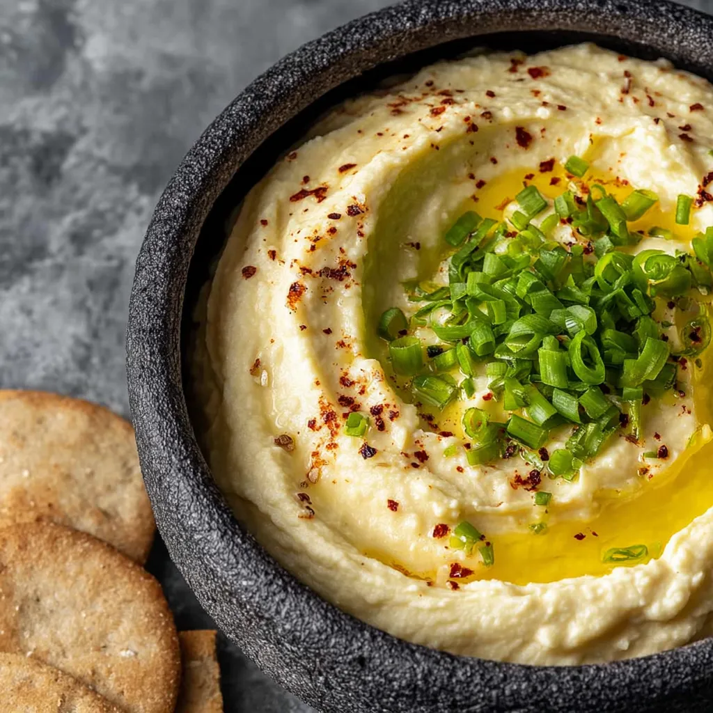 A bowl of hummus with a sprig of parsley on top.