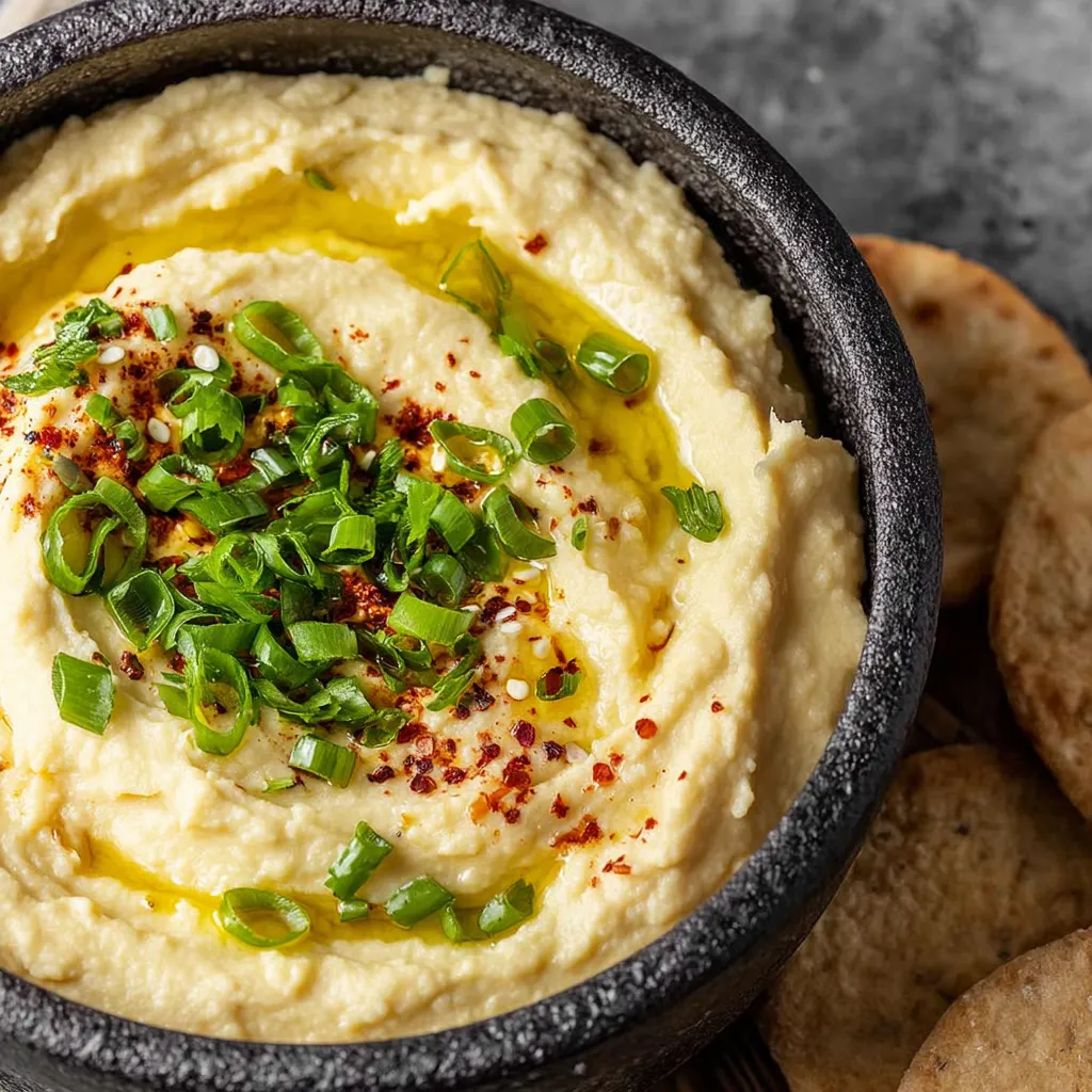 A bowl of hummus with green onions.