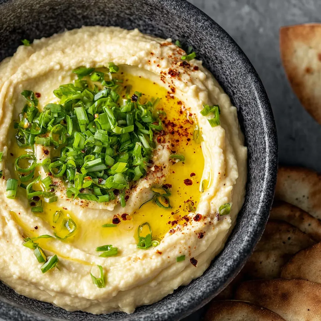 A bowl of hummus with a sprig of parsley on top.