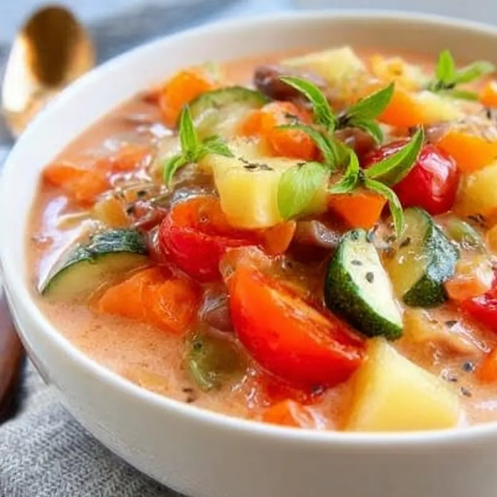 A bowl of soup with vegetables.
